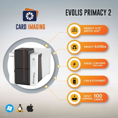 Evolis Primacy2 Card Printer With 100 Card Feeder And Ribbon