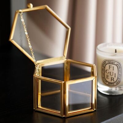 Gold Hexagonal Metal Glass Jewelry Box with Hinged Lid