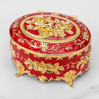 Gold Red Rose Enamel Oval Metal Jewelry Storage Organizer Box Zinc Alloy Material With Polished Finish