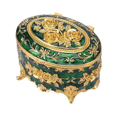 Gold Red Rose Enamel Oval Metal Jewelry Storage Organizer Box Zinc Alloy Material With Polished Finish