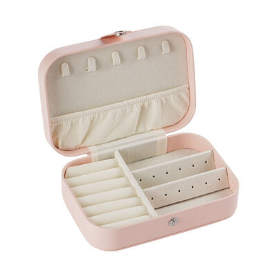 Peach Pink Square Medium Travel Jewelry Organizer Box with PU Leather and Velvet Lining