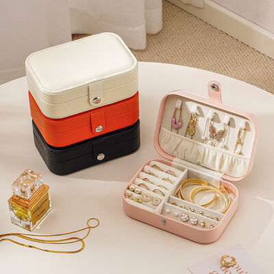 Peach Pink Square Medium Travel Jewelry Organizer Box with PU Leather and Velvet Lining