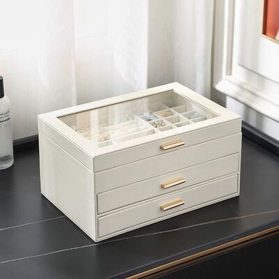 Desktop PU Leather Jewelry Organizer Box 3 Layer with Glass Lid Magnetic Closure