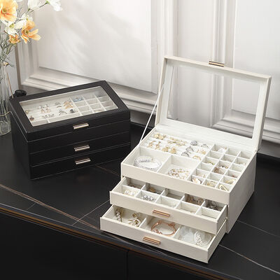 Magnetic Closure PU Leather Jewelry Box 3 Layer Desktop with Removable Dividers Glass Lid
