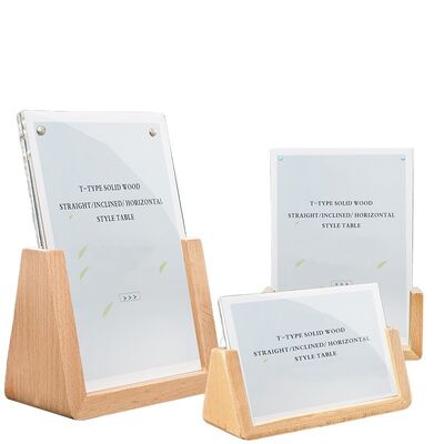 Solid Wood Based Acrylic Sign Holder Menu Display Stand For Advertising Cards