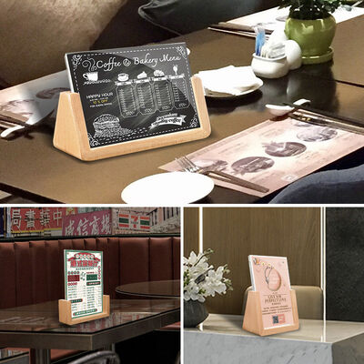 Solid Wood Based Acrylic Sign Holder Menu Display Stand For Advertising Cards
