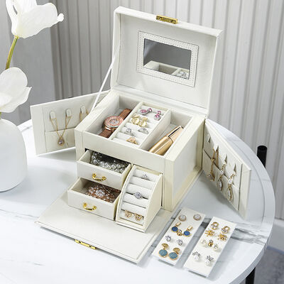 PU Leather 3 Layer Jewelry Box with Mirror Large Capacity Storage Organizer 18 × 15 × 14 cm
