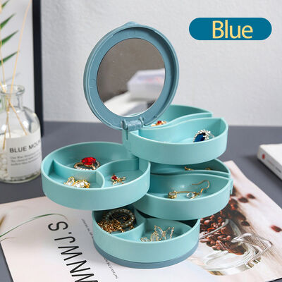 Plastic 360° Rotating Layer Jewelry Organizer Box Compact Blue 10x10x10cm