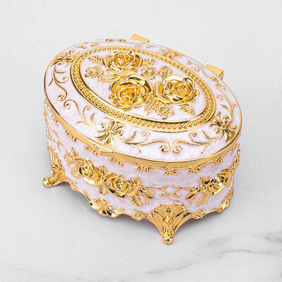 Gold White Vintage Rose Enamel Oval Metal Jewelry Storage Box Organizer One Layer for Jewelry