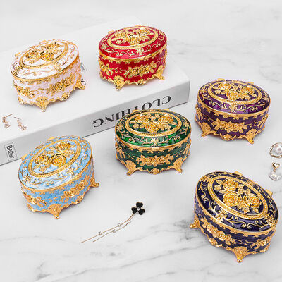 Gold White Vintage Rose Enamel Oval Metal Jewelry Storage Box Organizer One Layer for Jewelry
