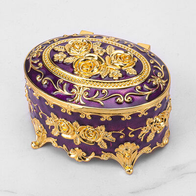 Rose Enamel Oval Metal Jewelry Organizer Box One Layer Gold Purple Color
