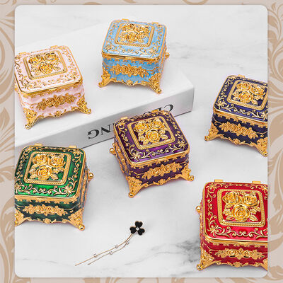 Rose Enamel Oval Metal Jewelry Organizer Box One Layer Gold Purple Color