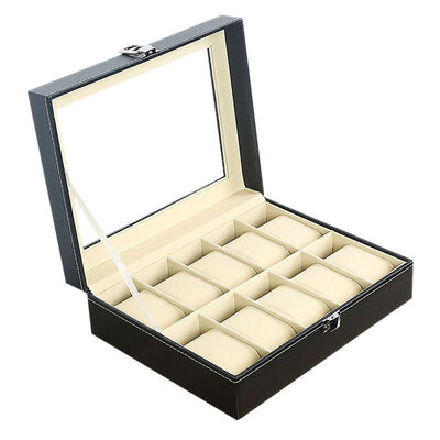 Black 10 Slot Watch Storage Box Luxury PU Organizer Display Case 0.8kg