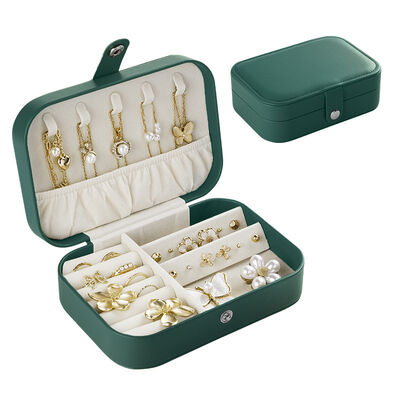 Green PU Leather Jewelry Organizer Box with Velvet Lining 16 × 11 × 5 cm Compact Travel Storage Case
