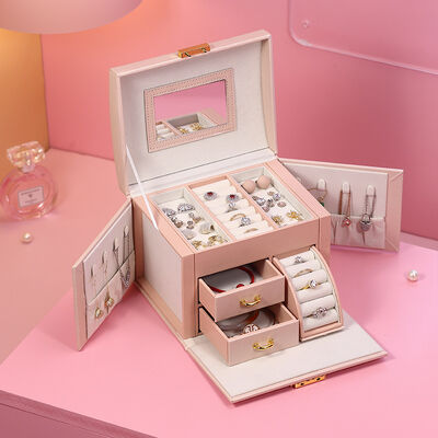 Pink 3 Layer Large Capacity Jewelry Box with Mirror and Portable Handle