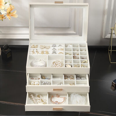 Desktop PU Leather Jewelry Organizer Box 3 Layer with Glass Lid Magnetic Closure