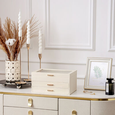 Magnetic Closure PU Leather Jewelry Box 3 Layer Desktop with Removable Dividers Glass Lid